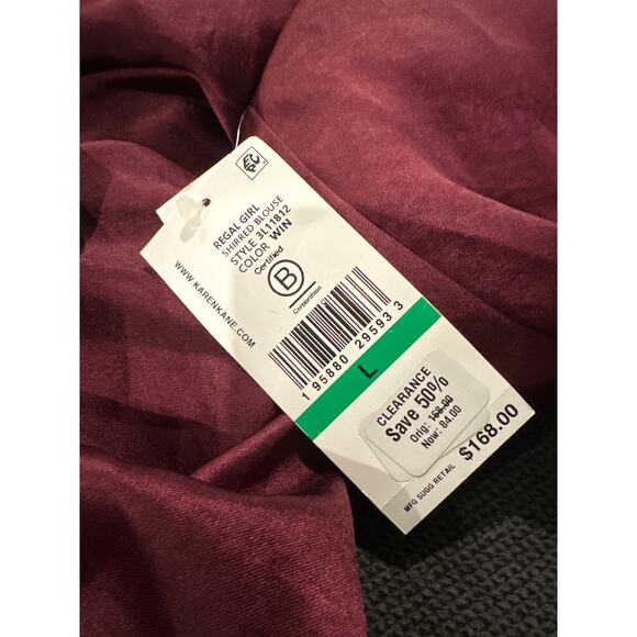 Karen Kane Shirred Blouse Wine Collared Long Sleeve Button Front Large - Picture 6 of 8